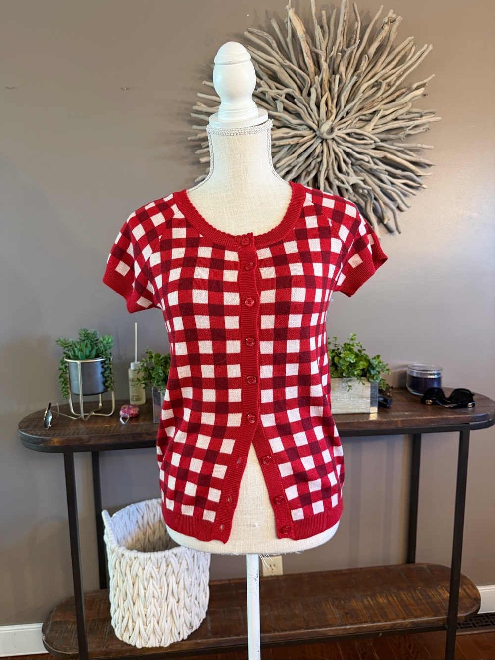 ModCloth short sleeved sweater in red and white